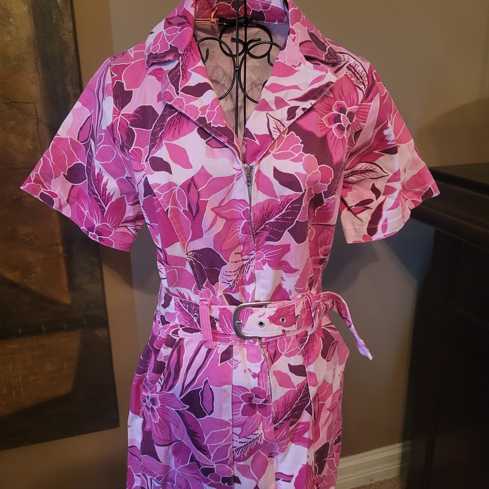 Pink Floral Belted Shirt Dress with Collar - Picture 2 of 5